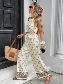 Pariaura 优雅露背吊带背心搭配阔腿直筒裤印花套装，女士夏季 - 杏色 - 查看 6