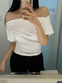 DAZY Women's Casual Off-Shoulder Ruched Fitted T-Shirt, Solid Color, Suitable For Daily Commute, Summer - White - View 4