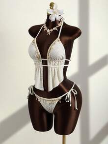 Zestiva Bộ bikini hai mảnh dành cho nữ, chất liệu vải có họa tiết, kiểu cổ yếm và thắt eo, thích hợp cho các buổi tiệc bãi biển hoặc kỳ nghỉ. - Màu be - Xem 4