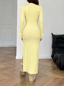 SHEIN EZwear Women's Solid Color Round Neck High Slit Long Sleeve Tight Fitting Dress, Goose Yellow Long Yellow Dress Slit Dress Split Dress Long Sleeve Long Dress Light Yellow Dress Women - Yellow - View 2