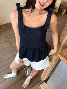 DAZY 女士蝴蝶结韩式水洗荷叶边牛仔衬衫 - 藍色 - 查看 4