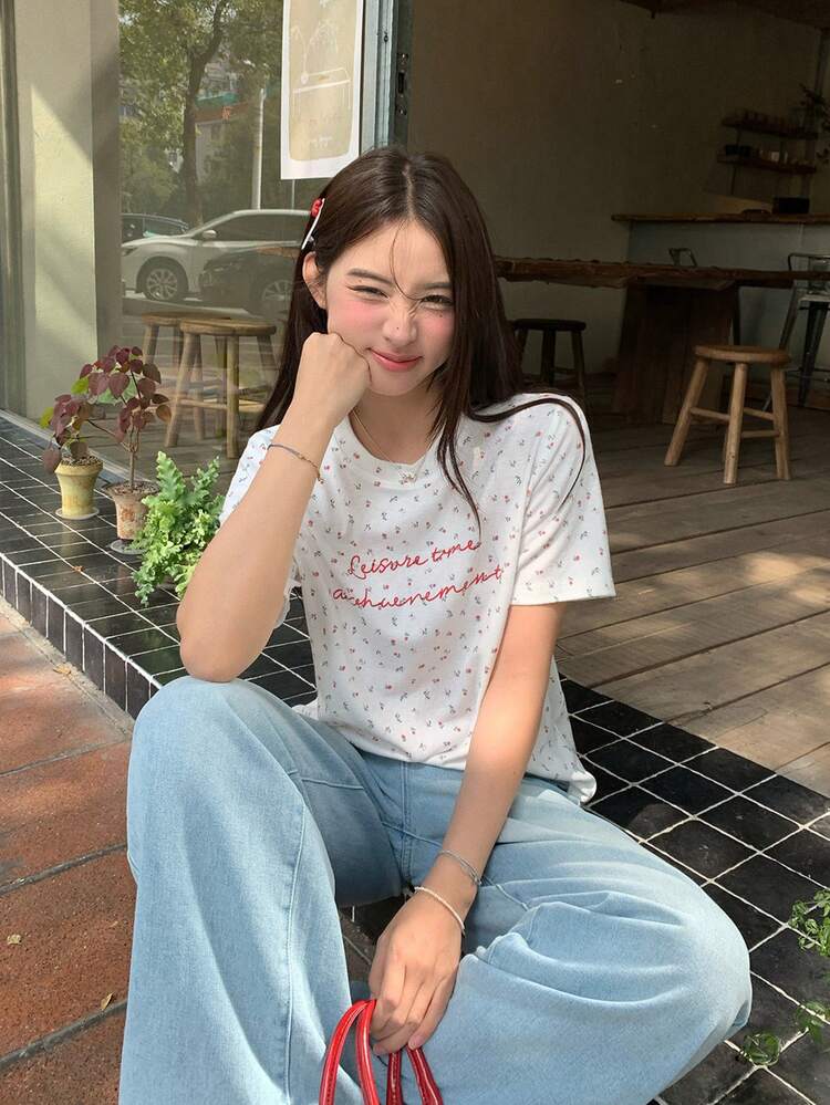 Women's Casual Floral & Letter Print Round Neck Short Sleeve T-Shirt, Versatile For Daily Wear Summer