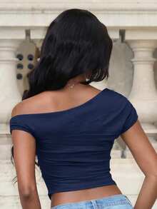 Mima John Women's Solid Ruched Asymmetrical Shoulder Summer Blouse - Navy Blue - View 2