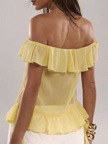 SHEIN BAE 女士不对称荷叶边露肩长袖衬衫，浪漫黄色无袖衬衫，适合春夏、度假、情人节、甜美、通勤、公主风、生日、伴娘等场合穿着的迷你连衣裙 - 黃色 - 查看 2