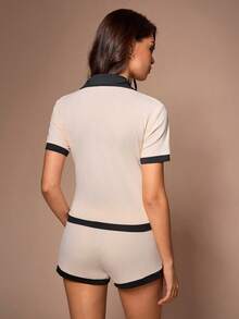 Lazeform Contrast Color Polo Collar Short Sleeve & Shorts Casual Sportswear Pajama Set For Women - Apricot - View 2