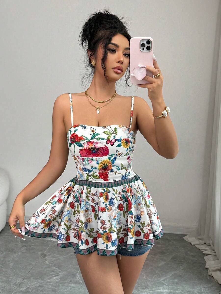SHEIN Elenzya 优雅花卉数码印花吊带背心，浪漫度假宽松版型女式背心 - 彩色 - 查看 1
