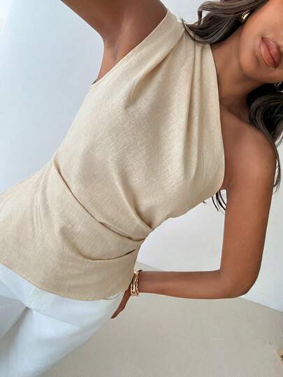 Aloruh Women's Elegant Casual Commuter Shirt, Minimalist Design With Asymmetrical Hem, Linen Color, High-Quality Pure Cotton, Spring/Summer