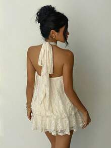 Aloruh Đầm ngắn cổ yếm màu trắng, thanh lịch, thích hợp cho tiệc tùng, kỳ nghỉ, lễ hội âm nhạc, biểu diễn. - Màu be - Xem 3