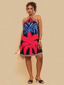 Travachic Plus Size Tropical Print Backless Halter Dress, Casual Holiday Style, For Summer,Beach Dress Sundress,Holiday Outfits, Summer Dresses - Multicolor - View 4