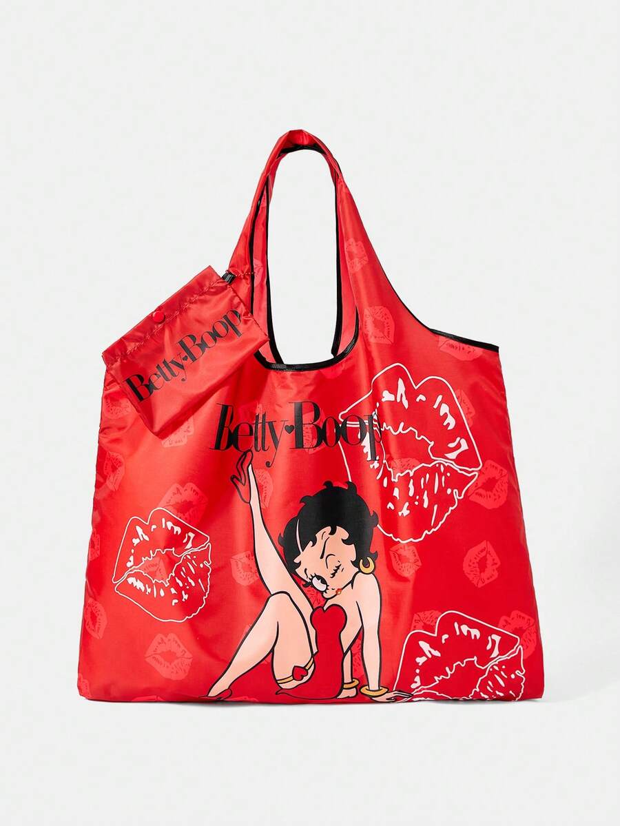 Betty Boop x SHEIN Fashion College Badge Pattern Waterproof Large Capacity Tote Bag - Red bottom lip - View 1