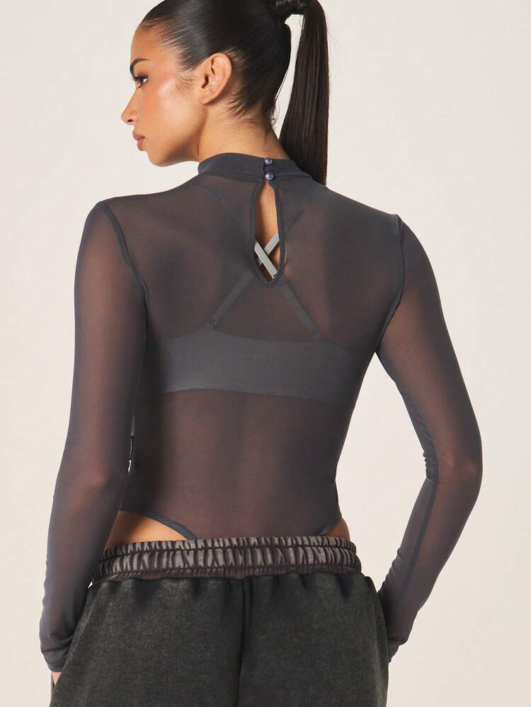 Missguided x Playboy Women's High Neck Long Sleeve Mesh Bodysuit With Yellow Logo Print And Sheer Transparency Fashion Layering Base Layer