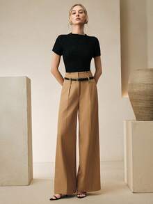 Anewsta Retro Casual Loose Office Khaki High Waist Notch Design Draping Women's Suit Pants - Khaki - View 1