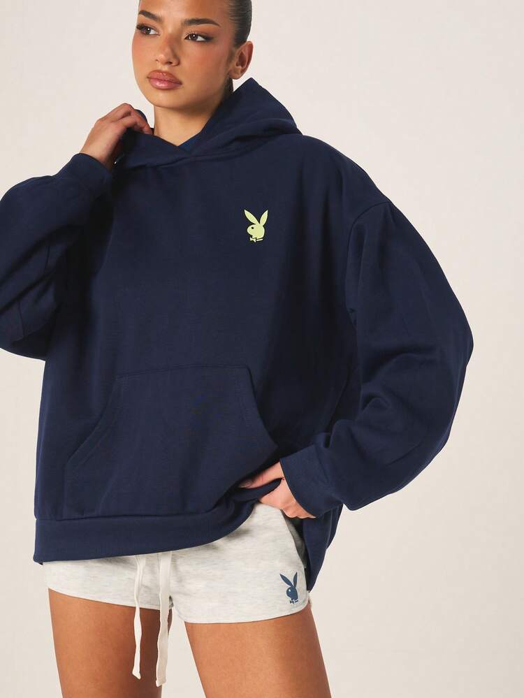 Missguided x Playboy Women Oversized Bunny Logo Hoodie With Centre Pocket Casual Fall Winter Streetwear Pullover