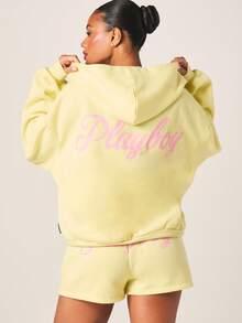 Missguided x Playboy Felpa con cappuccio oversize con chiusura lampo completa, logo a coniglio e tasca centrale per comfort casual quotidiano - Giallo - Visualizzare 3
