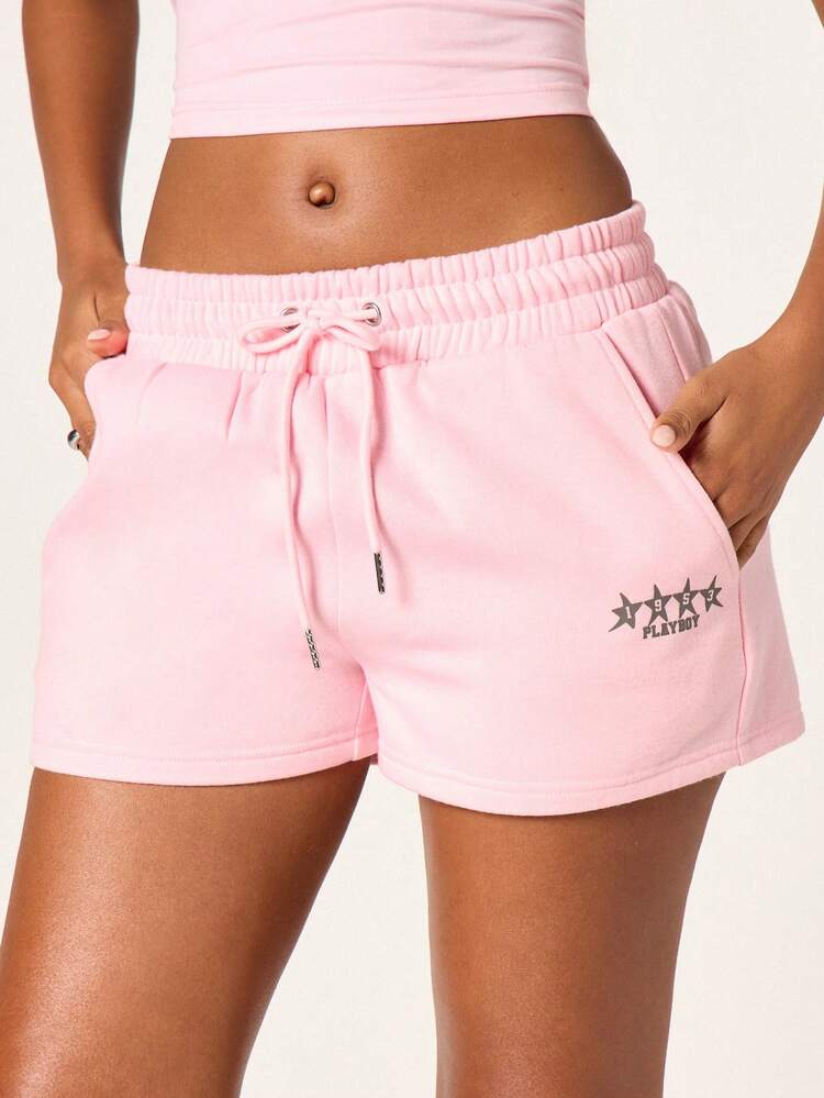 Missguided x Playboy Women's Pink Drawstring Jogger Shorts With Star Logo Detail Casual Summer Loungewear Relaxed Fit Mid Thigh Length Elastic Waist