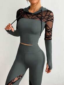 Easithlete 女士抽绳连帽网眼长袖上衣和高腰紧身打底裤休闲运动套装 - 深灰色 - 查看 8
