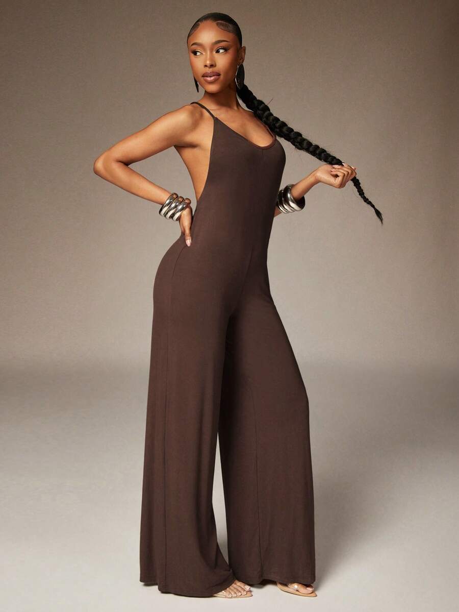 Denimoi Open Back Wide Leg Jumpsuit Sexy Jumpsuits X-Back Jumpsuits Vacation Ibiza European Summer - Coffee Brown - View 1