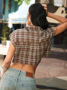 Denimoi Boxy Crop Top Plaid Collared Crop Top With Raw Edges Fashionable Streetwear - Brown - View 4