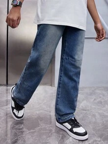 SHEIN Quần jeans ống đứng dáng rộng, màu xanh nhạt, kiểu vintage, dành cho bé trai tuổi teen, thích hợp cho mùa xuân và mùa hè. - Rửa tối - Xem 4