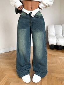 SHEIN Tall 女士牛仔裤 低腰宽松直筒裤 双腰直筒裤 拼接直筒裤 高个子女士牛仔裤 情人节牛仔裤 女士夏季穿搭 女士牛仔裤 - 深色水洗藍 - 查看 4