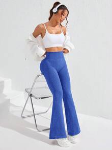 Slayform Slayform Seamless Solid Color Ribbed High Waist Sports Yoga Leggings - Blue - View 3