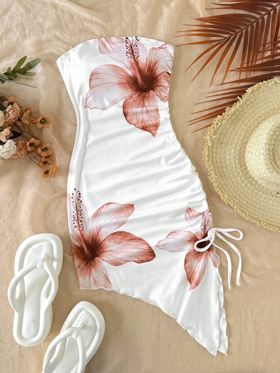 SHEIN 少女休闲简约舒适优雅波西米亚热带针织条纹扭结迷你连衣裙 - 藕粉色 - 查看 1