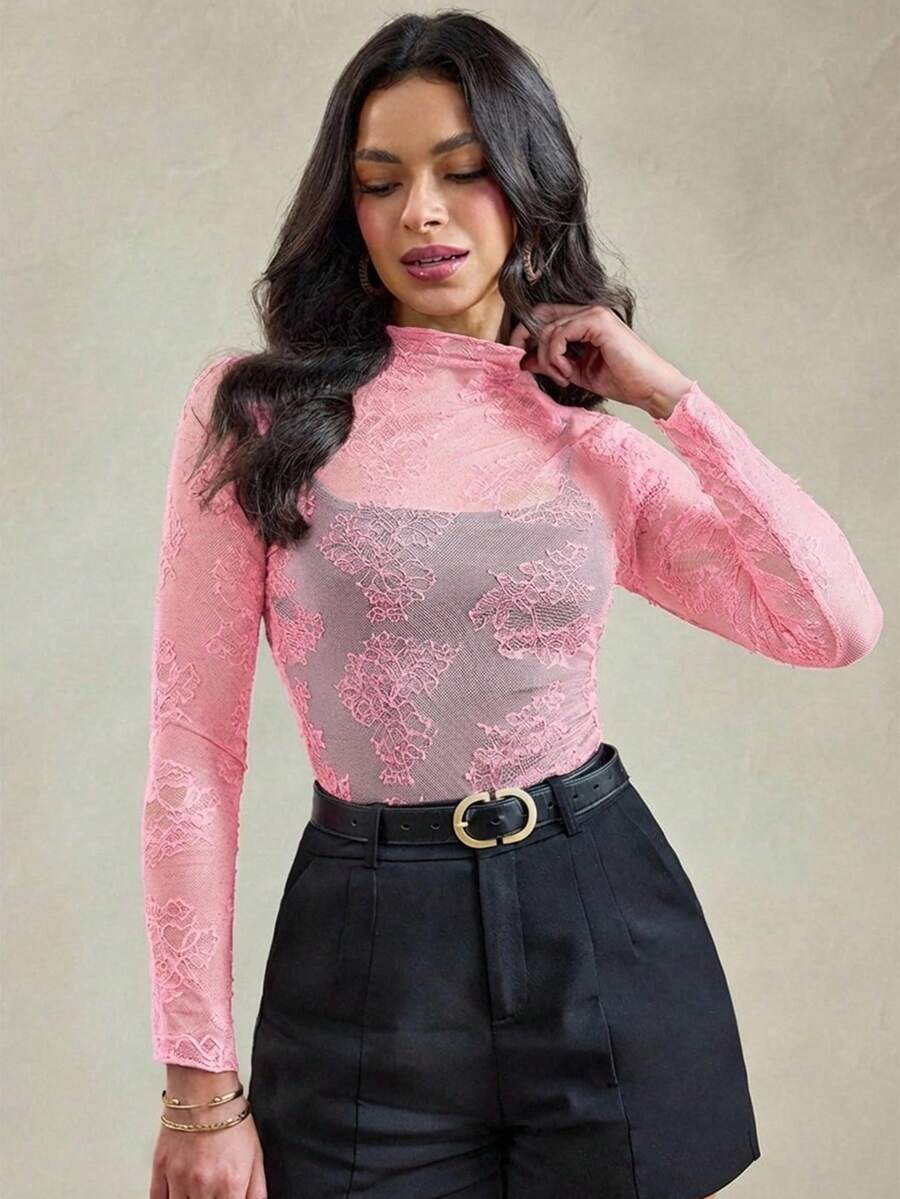 Wildy 黑色网纱透视蕾丝上衣，美式西部乡村音乐节风格，夏季女款 - 淺粉色 - 查看 1