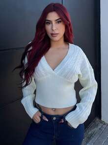 Bearsaez 女式深 V 领麻花针织拼布毛衣，宽松上衣和紧身下装，米色，秋冬 - 米色 - 查看 2