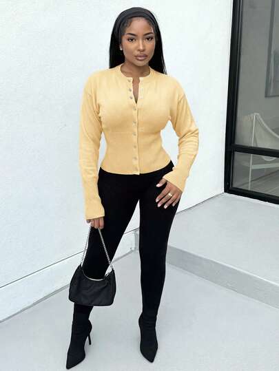 Alexandranx Gray Short Slim Front Button Solid Color Long Sleeve Simple Casual Knit Cardigan,Gray Sweater,Short Women's Sweater,Women's Sweaters,Knit Sweaters,Winter Women's Clothing,Fall Women's Clothing, Light Yellow Top, Butter Yellow Top, Yellow Cardigan Women