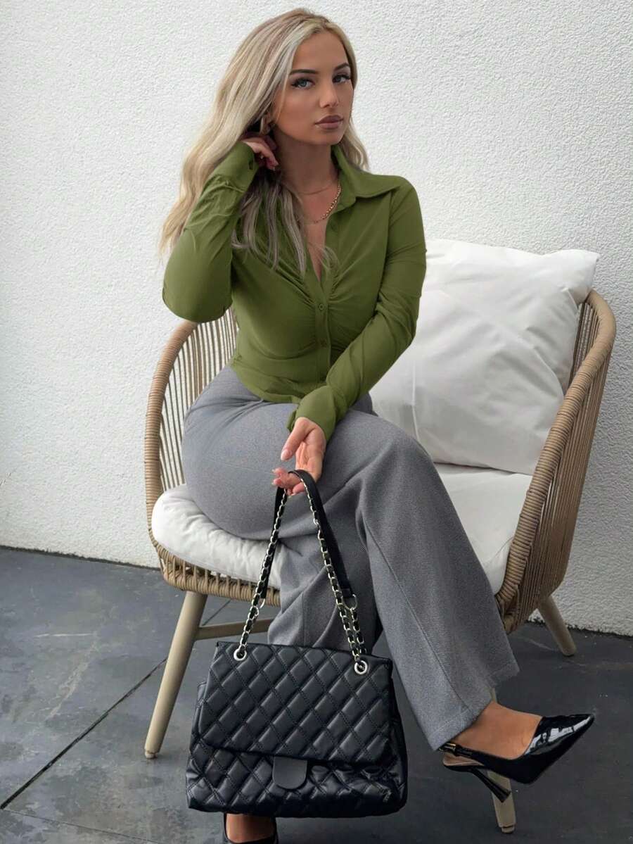 Jeta Ari Women's Office Commute Daily Wear Pointed Hem Ruched Bust Stand Collar Single-Breasted Front Opening Fitted Long Sleeve Blouse, Autumn/Winter - Army Green - View 1