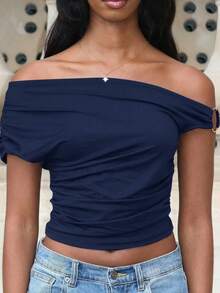Mima John Women's Solid Ruched Asymmetrical Shoulder Summer Blouse - Navy Blue - View 3