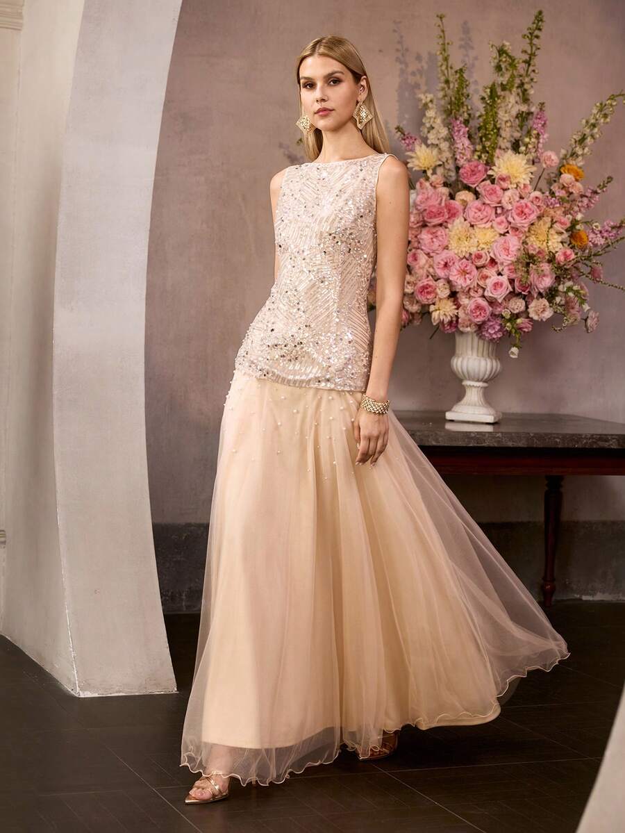 MOTF PREMIUM 女士礼服网纱拼接A字连衣裙 - 杏色 - 查看 1