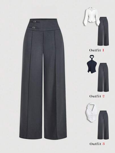 SHEIN MOD Women's Casual Everyday Office Commute Minimalist Versatile Solid Color Buckle Detail High Waist Seam Front Wide Leg Pants