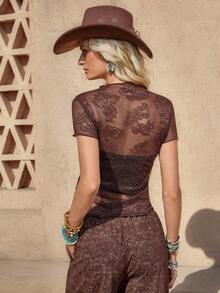 Wildy 休闲波西米亚风美式西部乡村复古蕾丝女式基础款日常通勤口袋T恤，夏季美式西部复古做旧上衣，女式基础款日常穿着 - 咖啡棕 - 查看 3