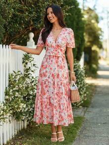 KARISMINA Women's Elegant V-Neck Floral Print Orange And White Maxi Dress,Summer Boho Garden Party Holiday Outfits,Cottagecore Wedding Guest Dress - Orange - View 12