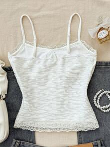 SHEIN 少女米色针织纹理吊带背心，蝴蝶结蕾丝 BM 夏季款式 - 米色 - 查看 2