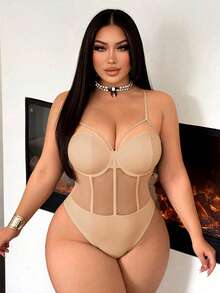 SHEIN SXY Plus Size Women's Sexy Apricot Spaghetti Strap Mesh Patchwork Bustier Bodysuit, Suitable For Street, Casual, Sexy, Daily Travel, Shopping, Dating, Cool And Comfortable To Wear, Easy To Match & Looks Slim, Accentuates Your Body, Flatters The Figure - Apricot - View 3