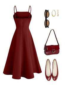 SHEIN Raffinéa Women's Elegant Casual Solid Color Spaghetti Strap Dress, Summer Maroon Dress Burgundy Dress Classy Women Outfits - Burgundy - View 3