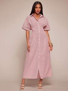 Radiana Summer Casual Chic Striped Waist Cinching Shirt Dress, Striped Dress, Long Dress, Waist Cinching Dress, Shirt Dress, Vacation Dress, Suitable For Casual Outings, Urban, Commute, Dates, Gatherings, Tea Parties, Island Getaways, Beaches, Holidays - Red and White - View 1