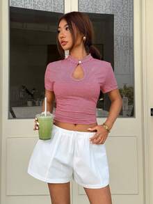 Muchica Camiseta de manga corta casual y versátil con rayas y calado para mujer - Rojo - Ver 4