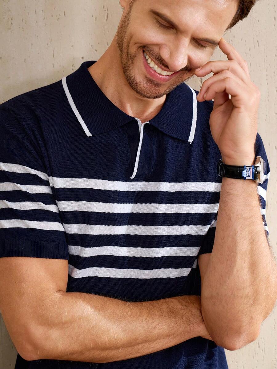 Manfinity CityGents Men's Casual Commuter Striped Short Sleeve Knit Top - Black - View 1