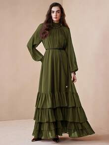 Arave 女士优雅宽松长款雪纺连衣裙，立领设计，层叠荷叶边下摆，适合约会穿着 - 軍綠色 - 查看 8