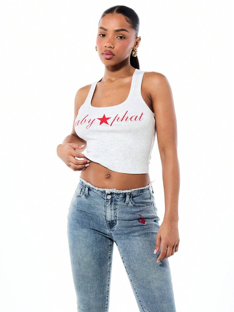 BABYPHAT Women's Ribbed Light Grey Tank Top With Red Star Script Graphic Print Scoop Neck Sleeveless Crop Tank Top Summer Casual