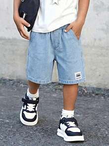 幼儿男童休闲水洗浅蓝色牛仔短裤，简约百搭 - 藍色 - 查看 1
