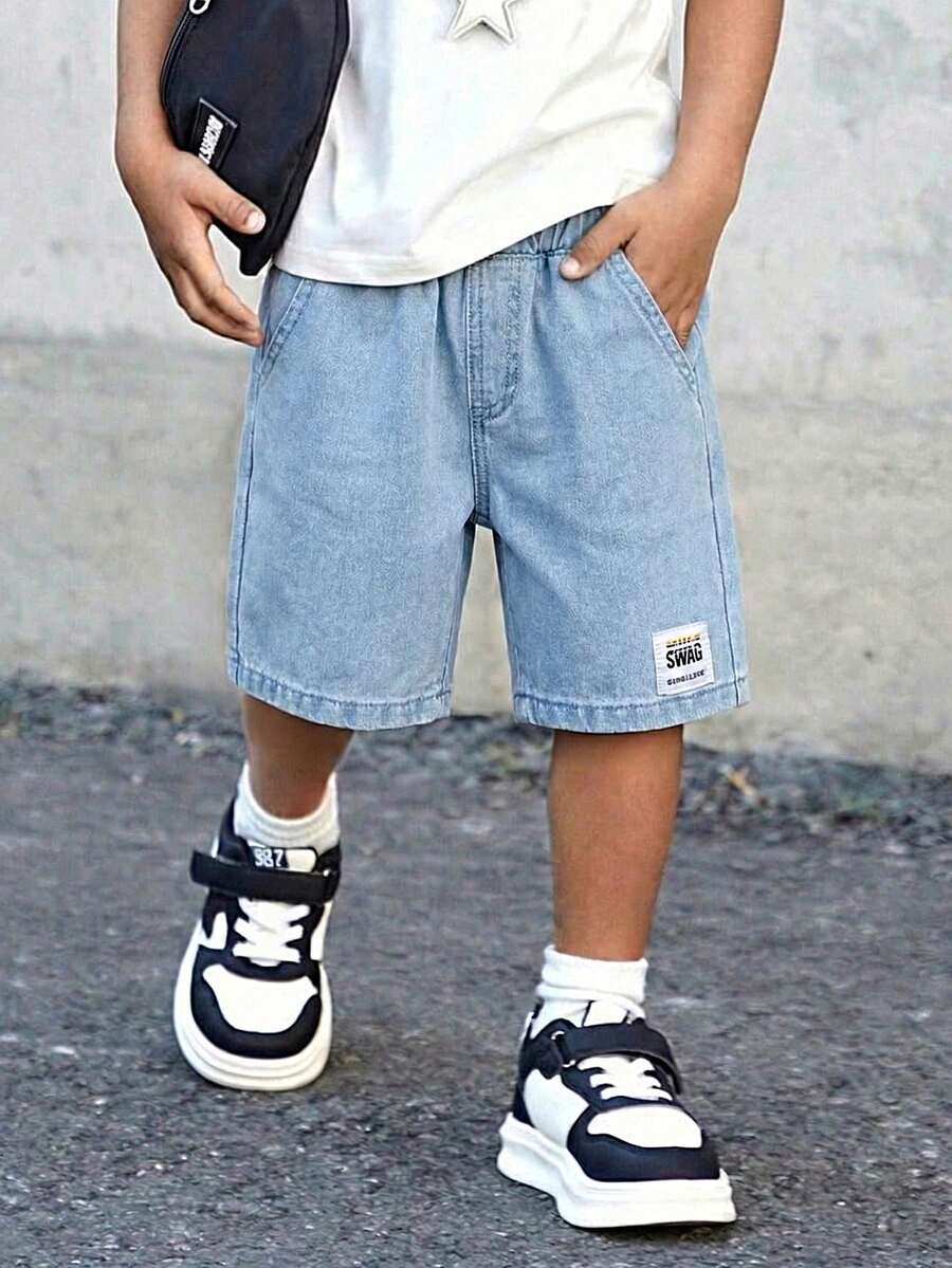 幼儿男童休闲水洗浅蓝色牛仔短裤，简约百搭 - 藍色 - 查看 1