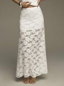 COSMINA Asymmetric Hem Crop Top And Lace Skirt Set, Slit Design, Women's Wedding Guest Outfit, Women's Summer Outfit, White Women's Wedding Suit, Women's Party Outfit, Daily Wear, Street Style - White - View 5