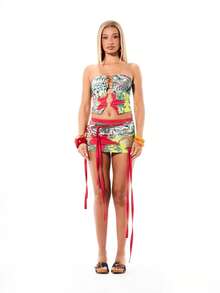 SUMWON WOMEN Women's Tropical Print Bandeau Top With O-Ring Cut Out Detail Strapless Tube Crop Jersey Summer Beach Vacation - Multicolor - View 3