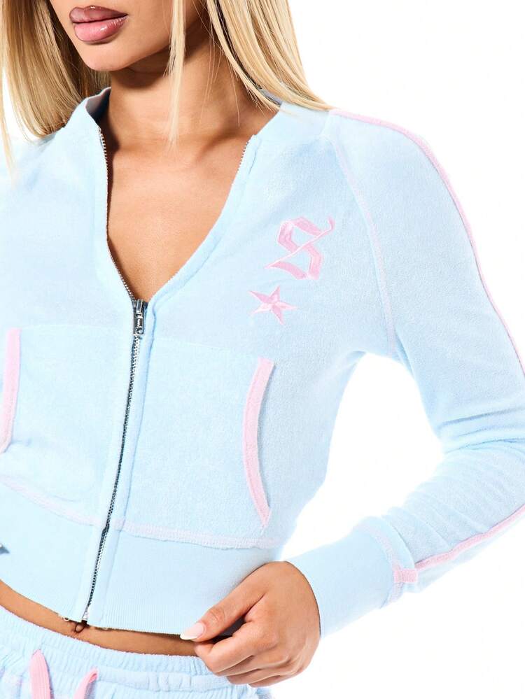 SUMWON WOMEN Full Zip Light Blue Long Sleeve Top With Pink Side Stripe Towelling Fabric Regular Fit Casual Sweatshirt