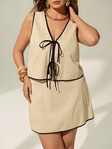 Auralis Plus Size Women Beige Summer Vacation Smart Casual 2 Pieces Set,100% Cotton V-Neck Tie Front Sleeveless Top And Skirt Set,Elegant Outfits - Apricot - View 5