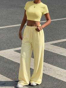 SHEIN EZwear Women's Cream Crew Neck Short Sleeve Top And Pants 2 Pieces Set, Minimalist Style - Yellow - View 6